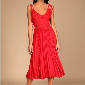 Never a Dull Moment Bright Red Tie-Strap Pleated Midi Dress